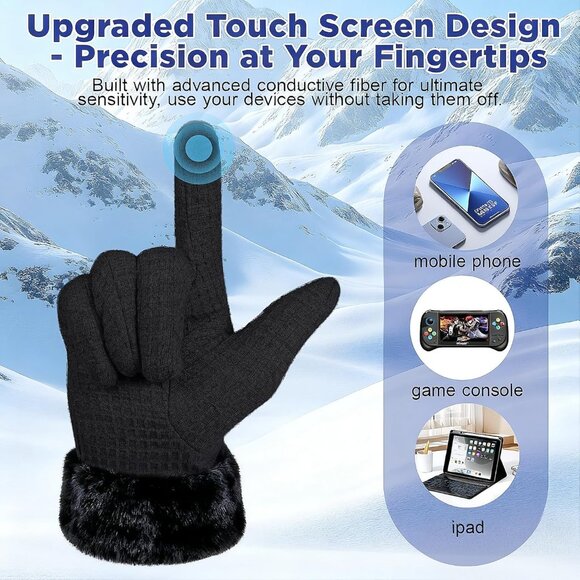 Women's Black Winter Warm Touchscreen Windproof Girls Winter Using Gifts Gloves - Picture 3 of 7